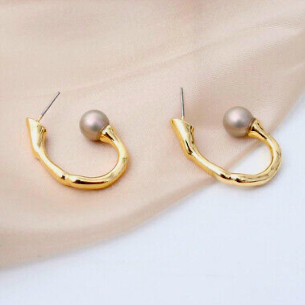 ALEXIS BITTAR Pearl Capped Twisted Gold Open Hoop Post Earrings - MSRP $195 - Picture 4 of 14